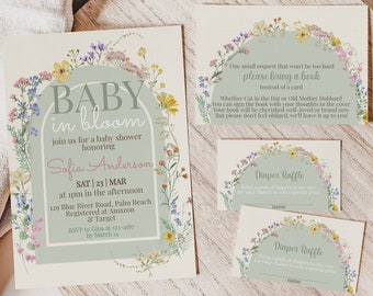 Modello di invito Baby In Bloom, invito al pacchetto baby shower con fiori di campo, libri per la lotteria dei pannolini per bambini, baby shower verde salvia per maschietti e femminucce