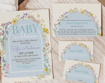 Modello di invito Baby In Bloom, Pacchetto di inviti per baby shower con fiori di campo, Libri per la lotteria dei pannolini per bambini, Download immediato per baby shower per maschietti