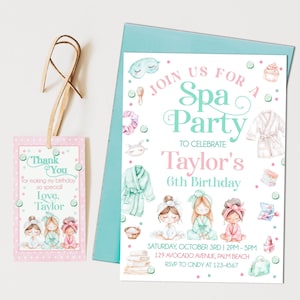 Spa Party Birthday Invitation, Pamper Glam Day Party Invite, Favor Tag Editable Template, Girl Pink Mint Printable Digital Instant Download