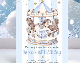 Blue Carousel Birthday Invitation, Print at Home Boys Birthday Invite, Merry Go Round Invite Template, Editable Instant Download