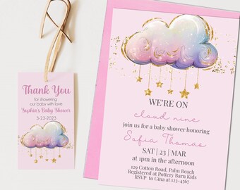 On Cloud 9 Baby Shower Invitation Digital, Pink We're on Cloud 9 Baby Shower Invitation Template, Baby Shower Girl invite, Instant Download