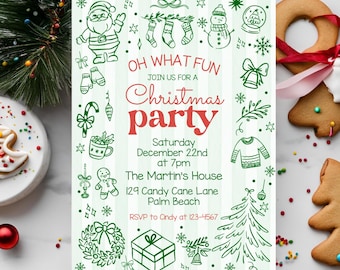 May include: Christmas party invitation with green and red text and illustrations. The invitation includes the text "Oh What Fun, Join Us For A Christmas Party" and details for the event. Gingerbread cookies and Christmas decorations surround the invitation.