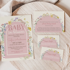 Baby in Blüte Baby-Einladung, Wildblumen-Baby-Dusche-Bundle-Einladung Bücher für Baby-Windel-Verlosung, sofortiger Download Mädchen-Baby-Dusche