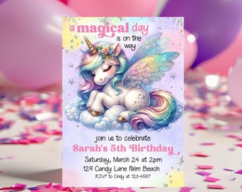 Unicorn Birthday Invitation Template, Unicorn Party Invite, Unicorn Birthday Invitation Girl, Editable 1st Birthday Card Invitation Download