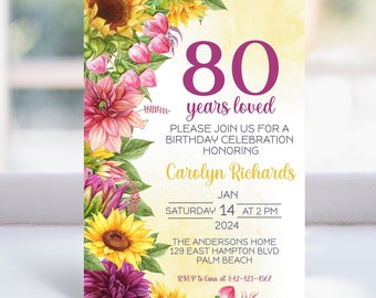 80th Birthday Invitation, 80th Floral Invite Template, Digital Birthday Party, Pink 80th Birthday Card, Birthday Invitation Template