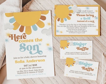 Editable Here Comes the Son Baby Shower Invitation, Here Comes the Sun Boho Invitation, Sunshine Boy Baby Shower Invite Instant Download