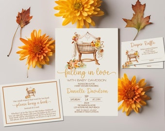 Editable Falling In Love Baby Shower Invitation Bundle, Autumn Baby Shower Invite, Fall Gender Neutral Diaper Raffle Books Instant Download