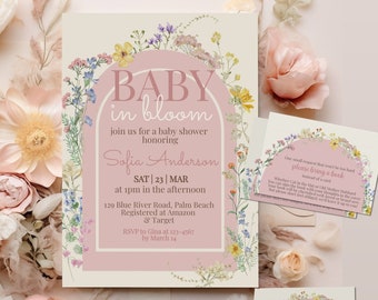 Baby In Bloom Invitation Template, Wildflower Baby Shower Bundle invitation Books for Baby Diaper Raffle, Instant Download Girl Baby shower