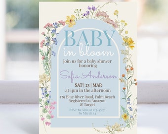 Baby In Bloom Invitation, Wildflower Baby Shower invitation, Floral Baby shower invite, Instant Download Boy Baby shower invitation template