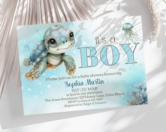 Editable Sea Turtle Baby Shower Invitation, Under The Sea Baby Boy Baby Shower Invite, Teal It's a Boy Baby Boy Shower, Instant Download