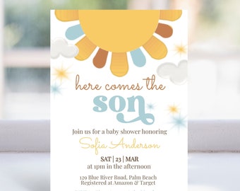 Editable Sunshine Baby Shower Invite, Here Comes the Son Baby Shower Invitation Template, Boho Invitation, Sun Baby Shower Instant Download