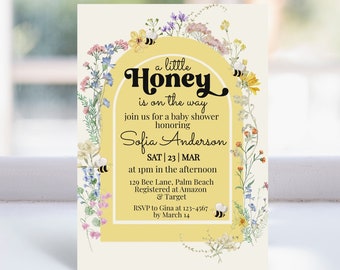 Bee Baby Shower Invitation, Editable Wildflower Baby Shower invitation Template, Floral Mama to Bee Honey Bee Invite, Instant Download,