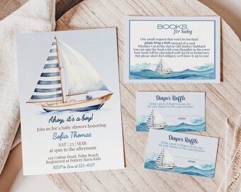 May include: Ahoy, it's a boy! Baby shower invitation with a blue and white sailboat illustration. The invitation is for Sofia Thomas and includes the date, time, and location of the shower. It also includes a request for guests to bring a book instead of a card.