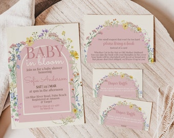 Modello di invito Baby In Bloom, invito per baby shower con fiori di campo, libri per la lotteria dei pannolini per bambini, download immediato per baby shower per bambine