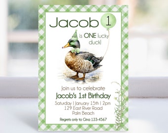 Duck Birthday Party Invitation, 1st Birthday One Lucky Duck, Mallard Duck Invite, Printable Duck first Birthday editable invitation template