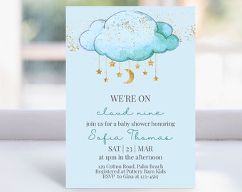 On Cloud 9 Baby Shower Invitation, Blue We're on Cloud 9 Baby Shower Invitation Template, Printable Cloud Theme Baby Shower Invite, Cloud 9