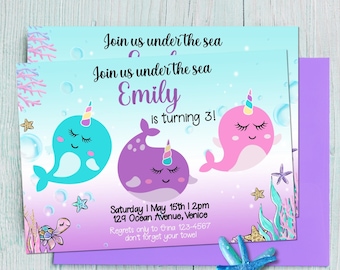 Narwhal Invitation, Mermaid Birthday Party Template, Editable Narwhal Under the Sea Invite, Narwhals of Fun Invitation, Instant Download