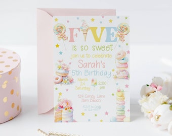 Candy FIVE is SO SWEET Birthday Invitation,  Donut Invitation, Ice Cream Birthday Party Template, Cupcake Birthday Invite Instant Download