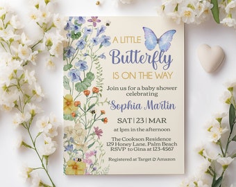 Butterfly Baby Shower Invitation, Wildflower Baby Shower Sprinkle Evite, Editable Boho Baby Shower Printable Invite Template, Baby in Bloom