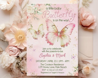 Butterfly Baby Shower Invitation, Pink Butterfly Baby Shower Invitation, Editable Floral Baby Shower Invite Template, Instant Download