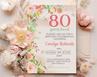 80th Birthday Invitation, 80th Invite Template, Digital 80th Birthday Party, Mint Blush Floral 80th Birthday Card Any Age Template