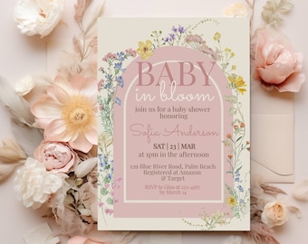 Baby In Bloom Invitation, Wildflower Baby Shower invitation Floral Baby shower invite, Instant Download Pink Girl Baby shower template