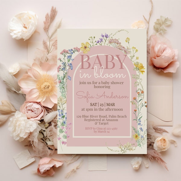 Baby In Bloom Invitation, Wildflower Baby Shower invitation Floral Baby shower invite, Instant Download Pink Girl Baby shower template