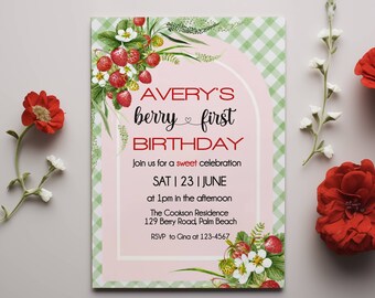 Berry First Birthday Invitation Digital, Editable Strawberry 1st Birthday Party Invite, Berry Sweet Template, Berry 1st Girl Birthday Invite