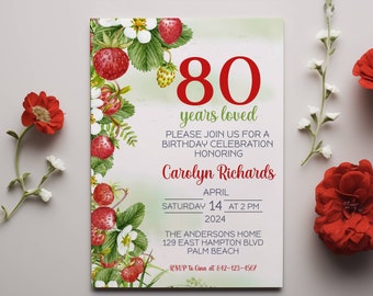 80th Birthday Invitation, 80th Invite Template, Berry Digital 80th Birthday Party, Strawberry Floral 80th Birthday Card Template