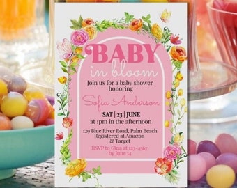 Baby In Bloom Invitation, Citrus Baby Shower invitation, Wildflower Floral Baby shower Invite, Instant Download Girl Baby Shower Template