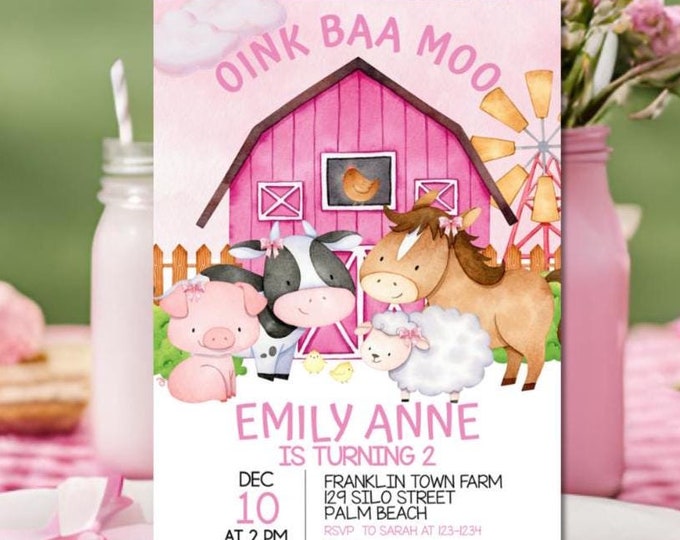 Editable Farm Birthday Invitation Template, Barn Animals Invite, Pink ...