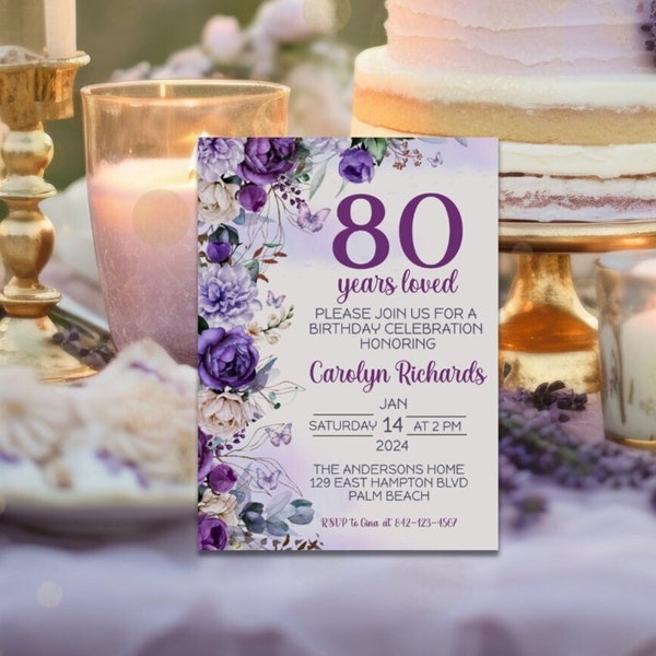 80th Birthday Invitation, 80th Invite Template, Digital 80th Birthday Party, Purple Floral 80th Birthday Card, Birthday Invitation Template