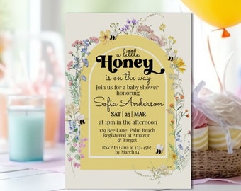 Bee Baby Shower Invitation, Editable Wildflower Baby Shower invitation Template, Floral Mama to Bee Honey Bee Invite, Instant Download,