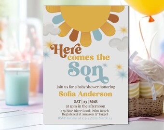 Editable Sunshine Baby Shower Invitation, Here Comes the Son Baby Shower Invite, Boy Sonshine Baby Shower, Boho Invitation Instant Download