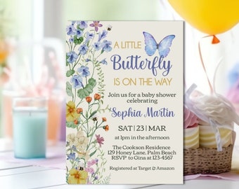 Butterfly Baby Shower Invitation, Wildflower Baby Shower Invite, Editable Boho Baby Shower Invite Template, Baby in Bloom Instant Download