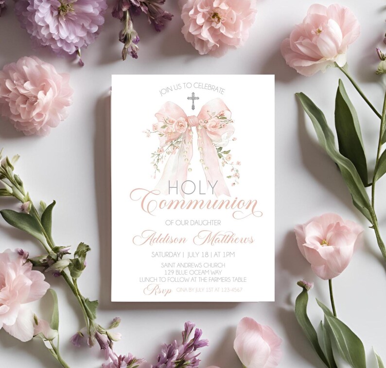 Pink Bow First Holy Communion Invitation Template Watercolor Floral ...