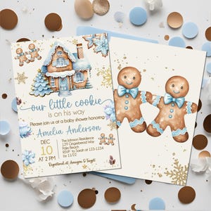 May include: Baby shower invitations featuring a gingerbread house and gingerbread men. The invitation reads "Our little cookie is on his way" and includes details for Amelia Anderson's baby shower on December 10th at 2 PM.