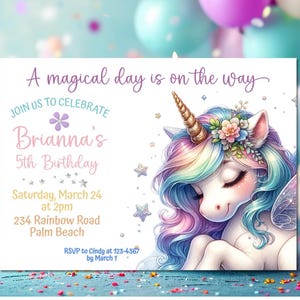 Editable Unicorn Birthday Invitation Template, Rainbow Magical Unicorn Birthday Girl Party Invite, Pastel Pink Purple Instant Download