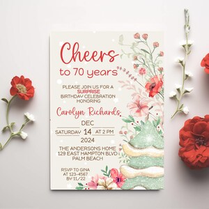 Invitaciones sorpresa para el 70.° cumpleaños de mujeres, plantilla de invitación para fiesta sorpresa con flores de invierno y Navidad para el 80.° cumpleaños, descarga instantánea