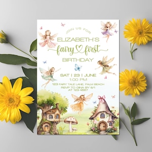 Fee erste Geburtstagseinladung, 1. Geburtstagsfeier einladen Vorlage, bearbeitbare digitale Schmetterling Gartenmädchen, druckbare Sofort-Download