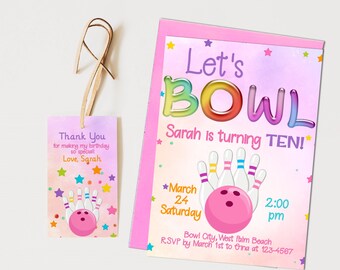 Editable Bowling Birthday Invitation, Bowling Invitation, Bowling Party Let's Bowl, Pink Bowling Party Template, Girl's Party Invite