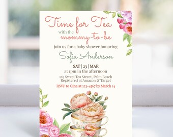 Tea party baby shower invitation, Baby is Brewing Tea template, Floral Baby shower invite, Instant Download, Pink Girl Baby shower template