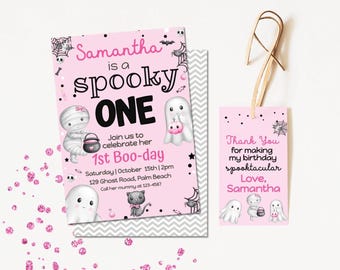 Der gruselige Halloween-Geist Einladung zum 1. Geburtstag, bearbeitbare Spooktacular-Einladung zum ersten Geburtstag, Pastell-Instant-Download-Vorlage