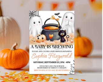 Redigerbar Halloween-babyshowerinbjudan, orange pumpa-höstinbjudan, mall för höstspöken, direktnedladdning