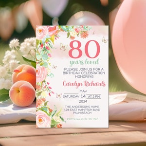 80er Geburtstagseinladung, 80er Einladungsvorlage, Digitale 80er Geburtstagsfeier, Mint Blush Floral 80er Geburtstagskarte Vorlage für jedes Alter