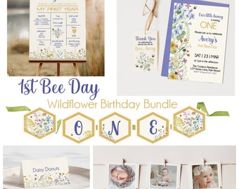 Bee Birthday Invitation Bundle, Wildflower Package Birthday Invite, 1st Bee Day Invite Editable Spring Honey Bee Birthday Printable Template