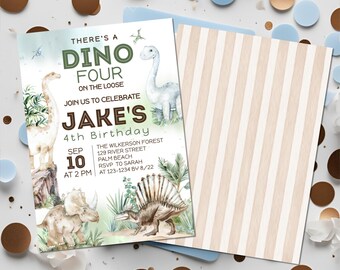 May include: A dinosaur-themed birthday invitation with the text "THERE'S A DINO FOUR ON THE LOOSE" and "JAKE'S 4th Birthday." The invitation features illustrations of various dinosaurs and a striped pattern on the back. The color scheme includes shades of green, beige, and blue.
