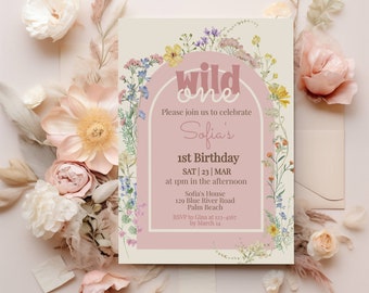 Wildflower Birthday Invitation, Wild One Invitation Template, Editable Wildflower Party Invite, Boho Wildflower Girl 1st Birthday Invite