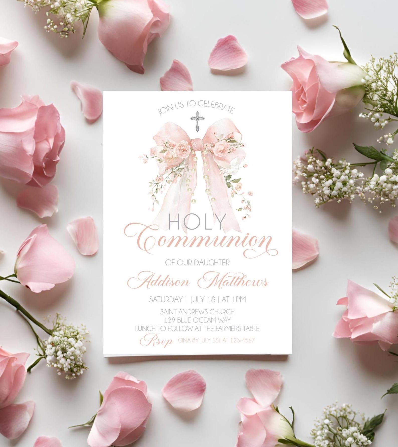 Pink Bow First Holy Communion Invitation Template Watercolor Floral ...