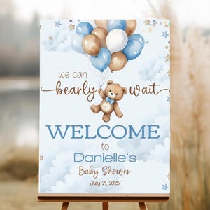 Teddybär-Willkommens-Schild-Vorlage, bearbeitbar Boho können wir tragen Junge-Baby-Dusche-Party-Dekor-Poster, druckbare digitale Sofort-Download